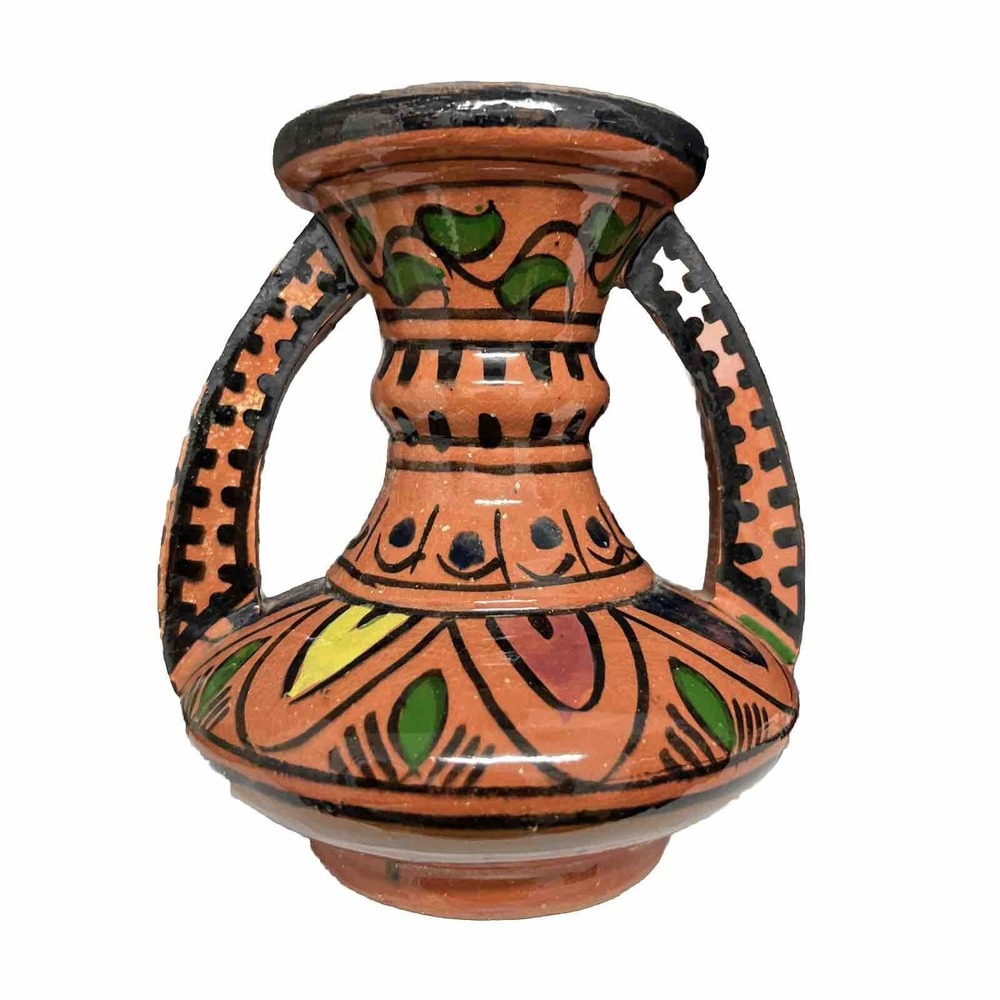Vtg Hand Made Ruffled Vase Red Clay SAFI Pottery Hand Painted